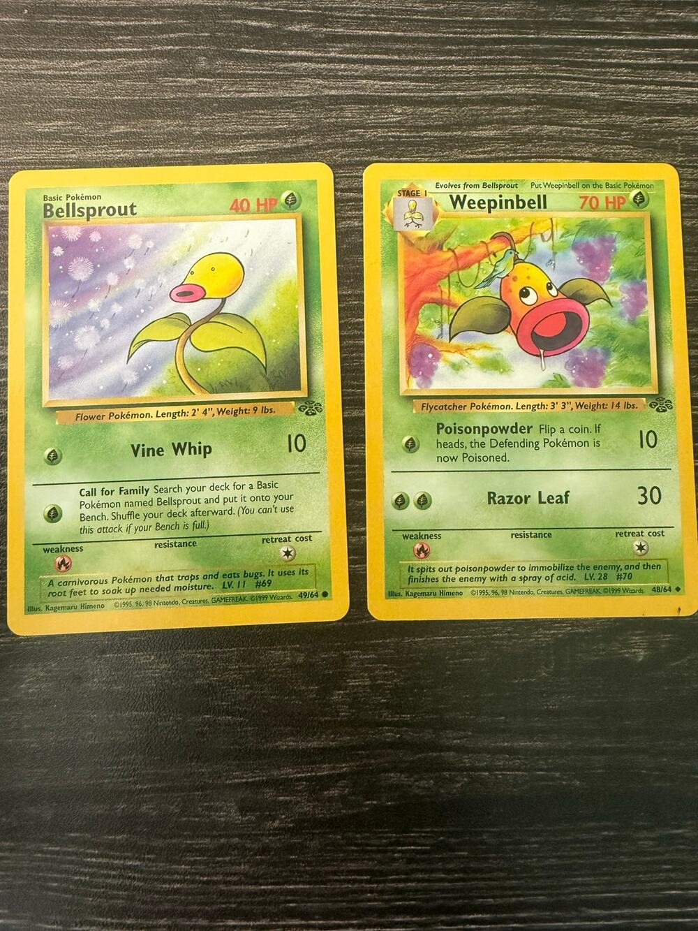 Vintage 1999 Pokémon Cards - Jungle Set Bellsprout 49/64 & Weepinbell 48/64
